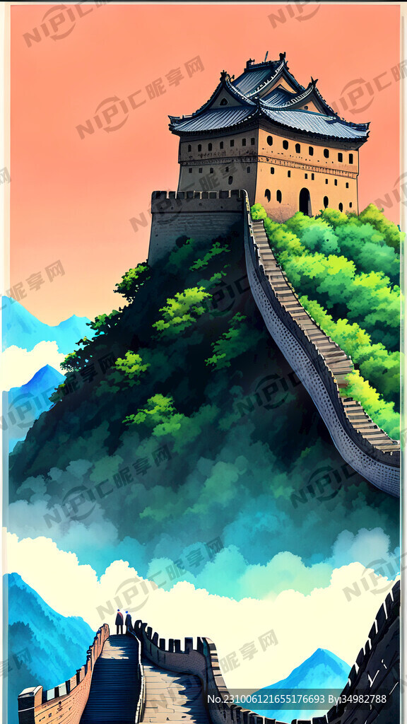 长城 山水 手绘 卡通 宫崎骏