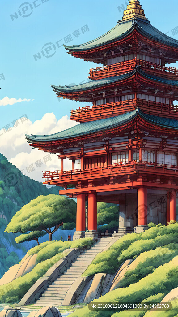古建 山水 寺庙 手绘 卡通