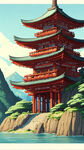 古建，山水，寺庙，手绘，卡通，宫崎骏，宏观，清新