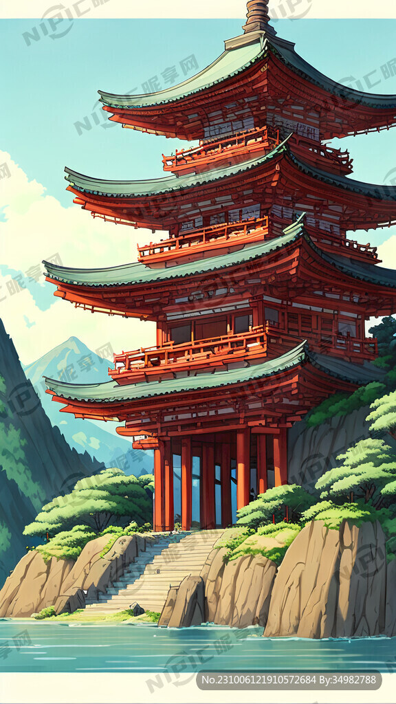 古建 山水 寺庙 手绘 卡通