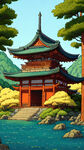 古建，山水，寺庙，手绘，卡通，宫崎骏，宏观，清新