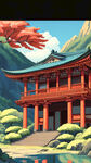 古建，山水，寺庙，手绘，卡通，宫崎骏，宏观，清新