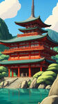 古建，山水，寺庙，手绘，卡通，宫崎骏，宏观，清新