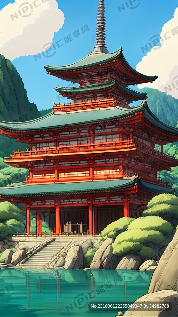 古建 山水 寺庙 手绘 卡通