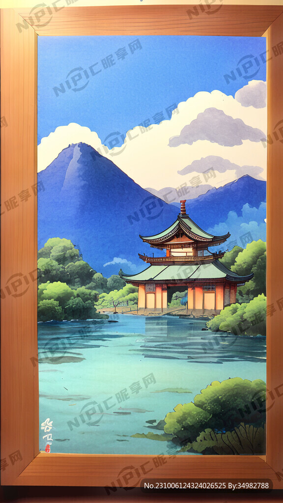 扇面 古建 山水 手绘 卡通