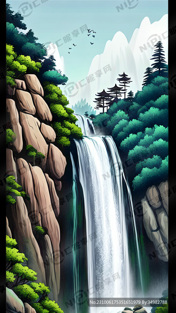 瀑布 庐山 手绘 卡通 宏观