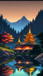 寺，山水，手绘，卡通，宏观，夜景
