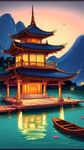 寺，山水，舟，手绘，卡通，宏观，夜景