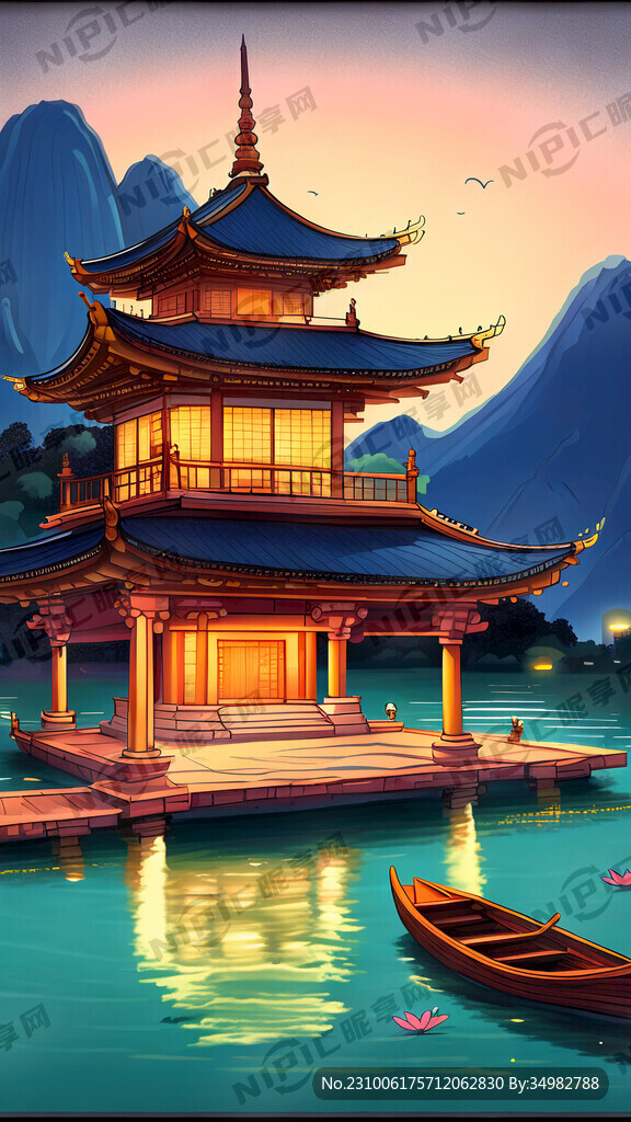 寺 山水 舟 手绘 卡通 宏观