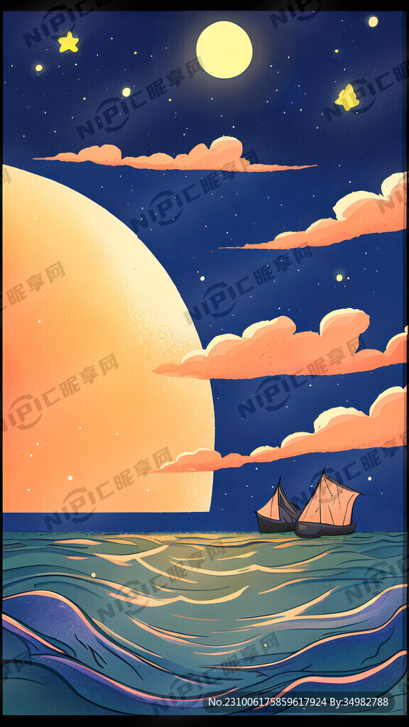 月 海 中秋 手绘 卡通 宏观