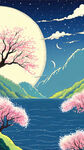 春江花月夜，月，海，山水，手绘，卡通，宫崎骏，宏观，清新