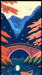 枫桥夜泊，山水，舟，手绘，夜景，宫崎骏，卡通，宏观，鲜艳