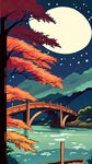 枫桥夜泊，山水，舟，手绘，夜景，宫崎骏，卡通