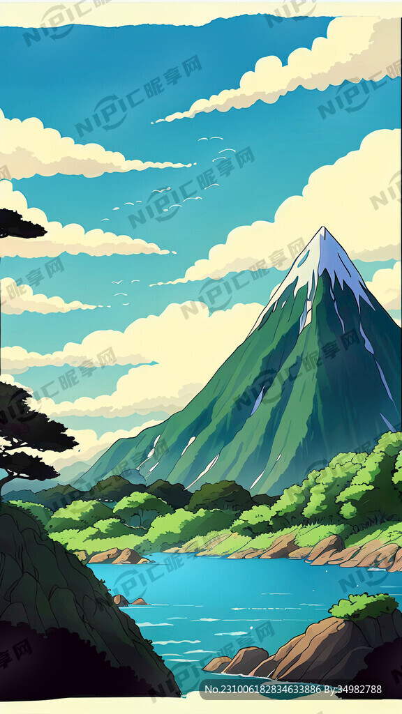 山水 高山 手绘 卡通 宫崎骏