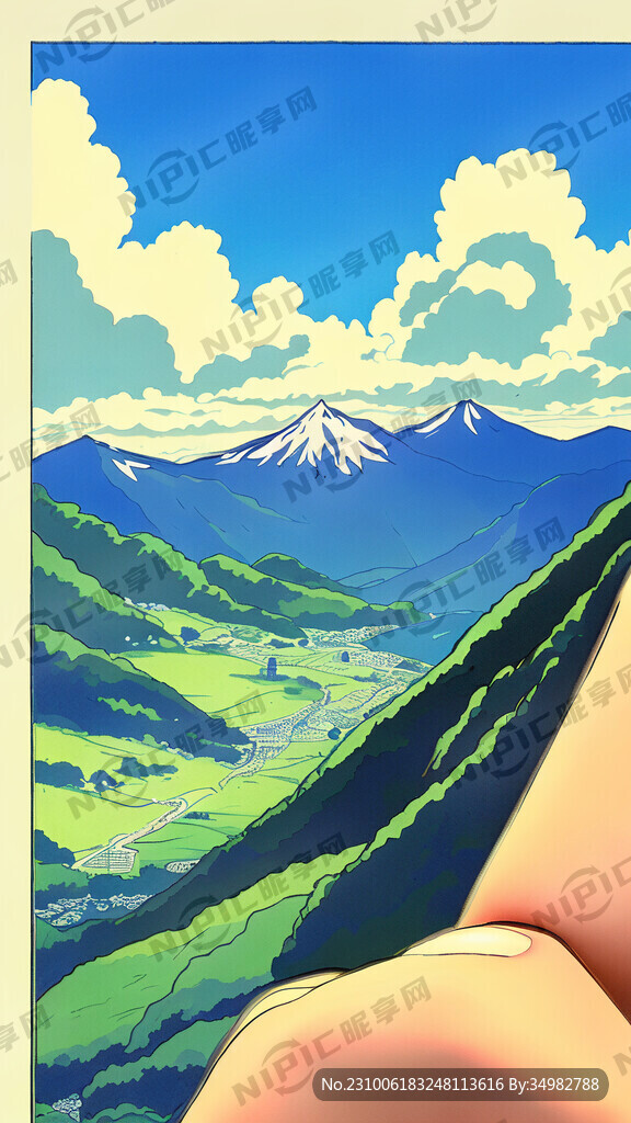 山顶 众山 俯视 手绘 卡通