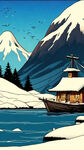 山水，雪景，渔翁，船，手绘，卡通，宫崎骏，清新