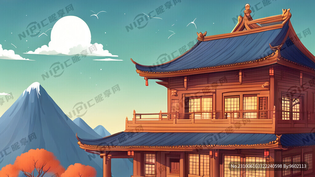 插画 国风 古建筑群 山 楼阁