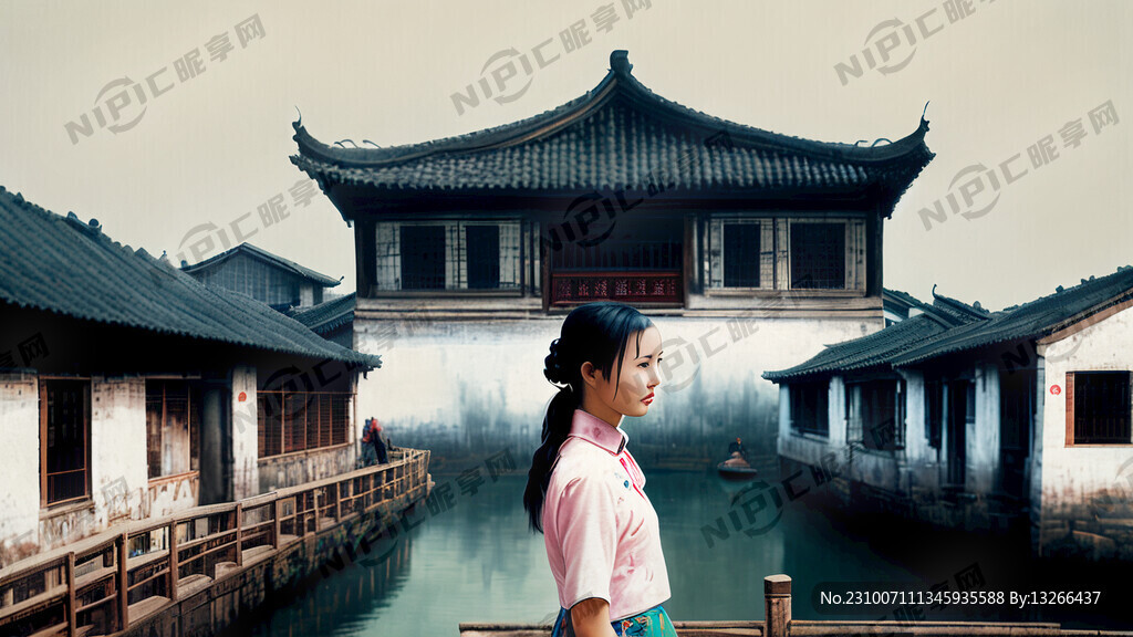 小桥流水 桥上站着一位美少女