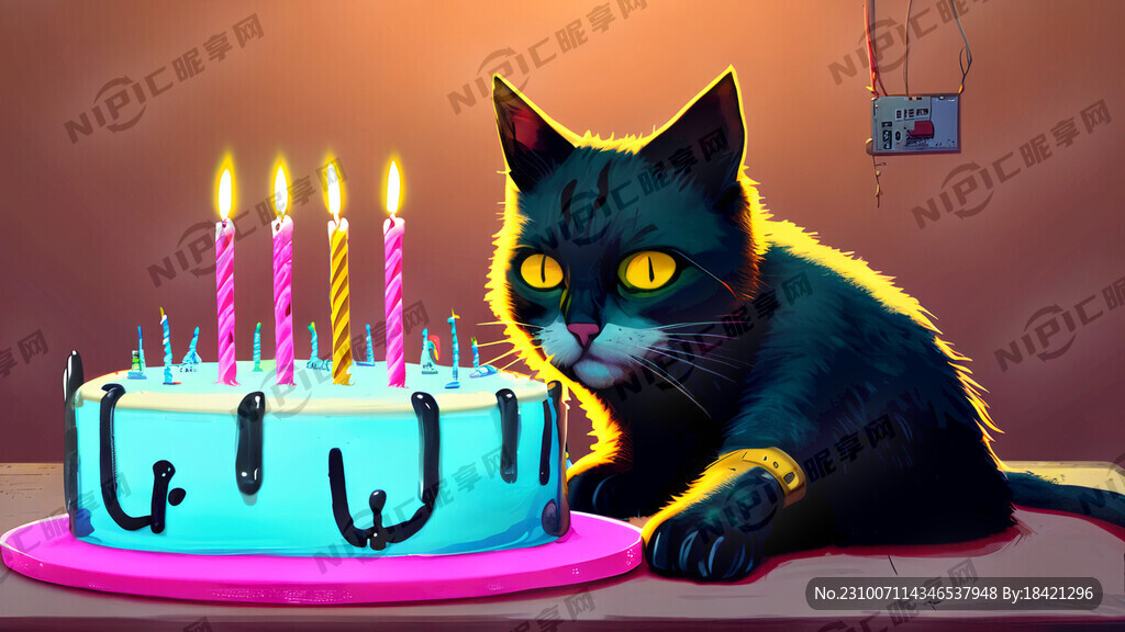 生日蛋糕和一只猫 赛博朋克