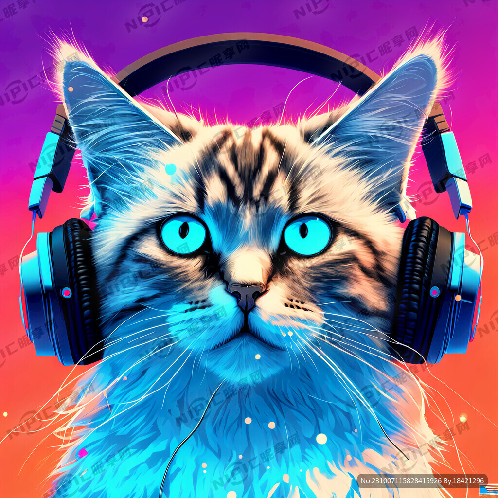 戴耳机的缅因猫 赛博朋克