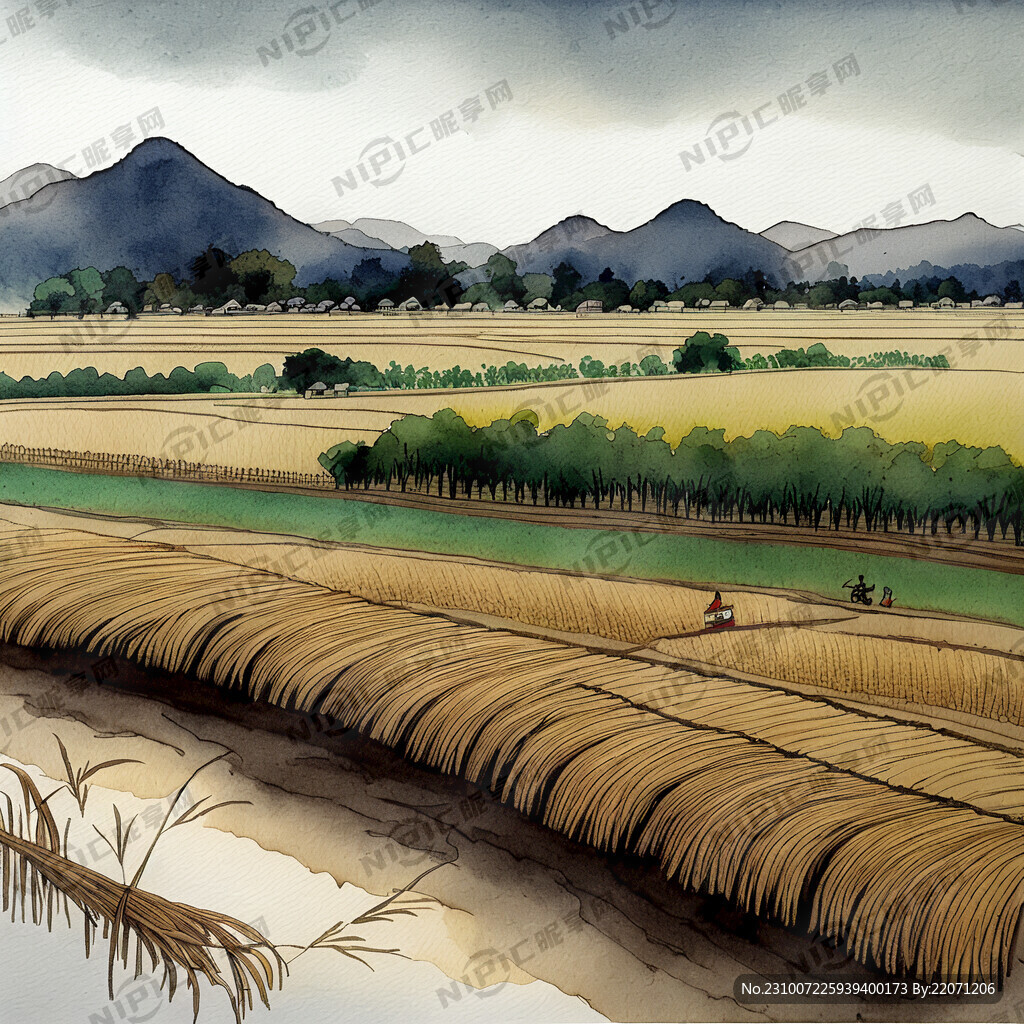 中国 古代 农耕 插画风格