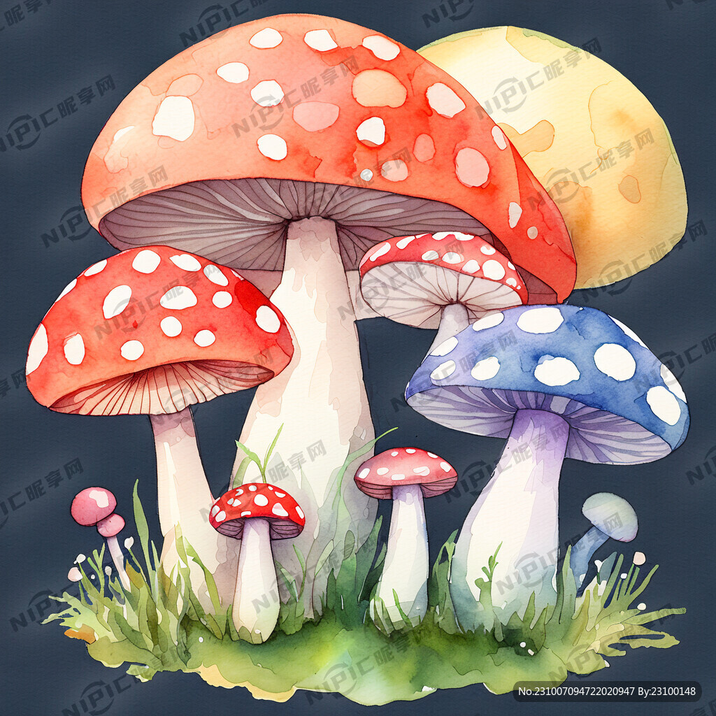 水彩各种各样小蘑菇清新可爱颜色