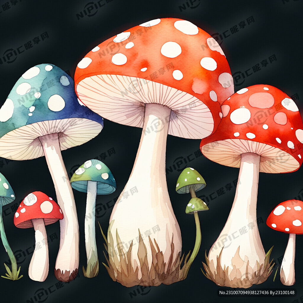 水彩各种各样单独的小蘑菇清新可