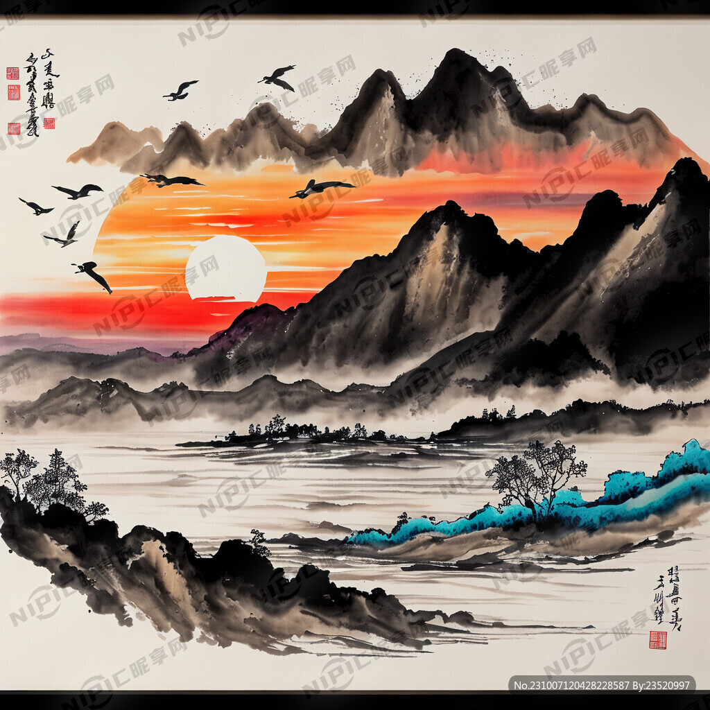 彩色山水画 有太阳海鸥