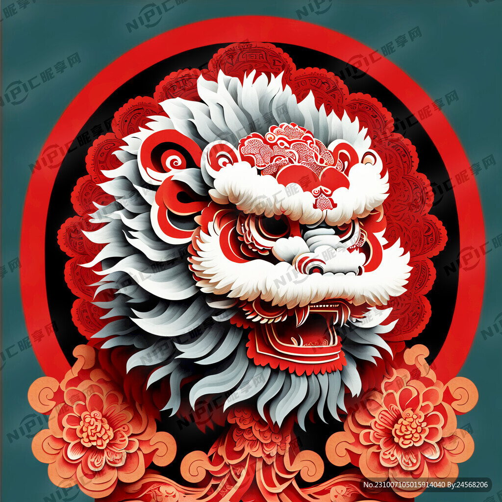 舞狮 剪纸 对称 平面 红色