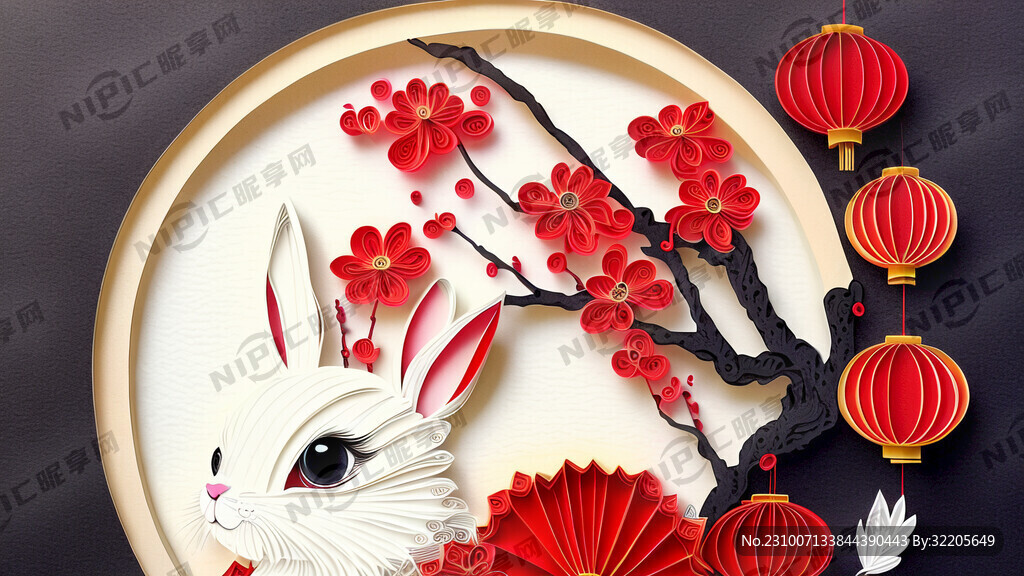 衍纸艺术 春节 可爱兔子 红梅