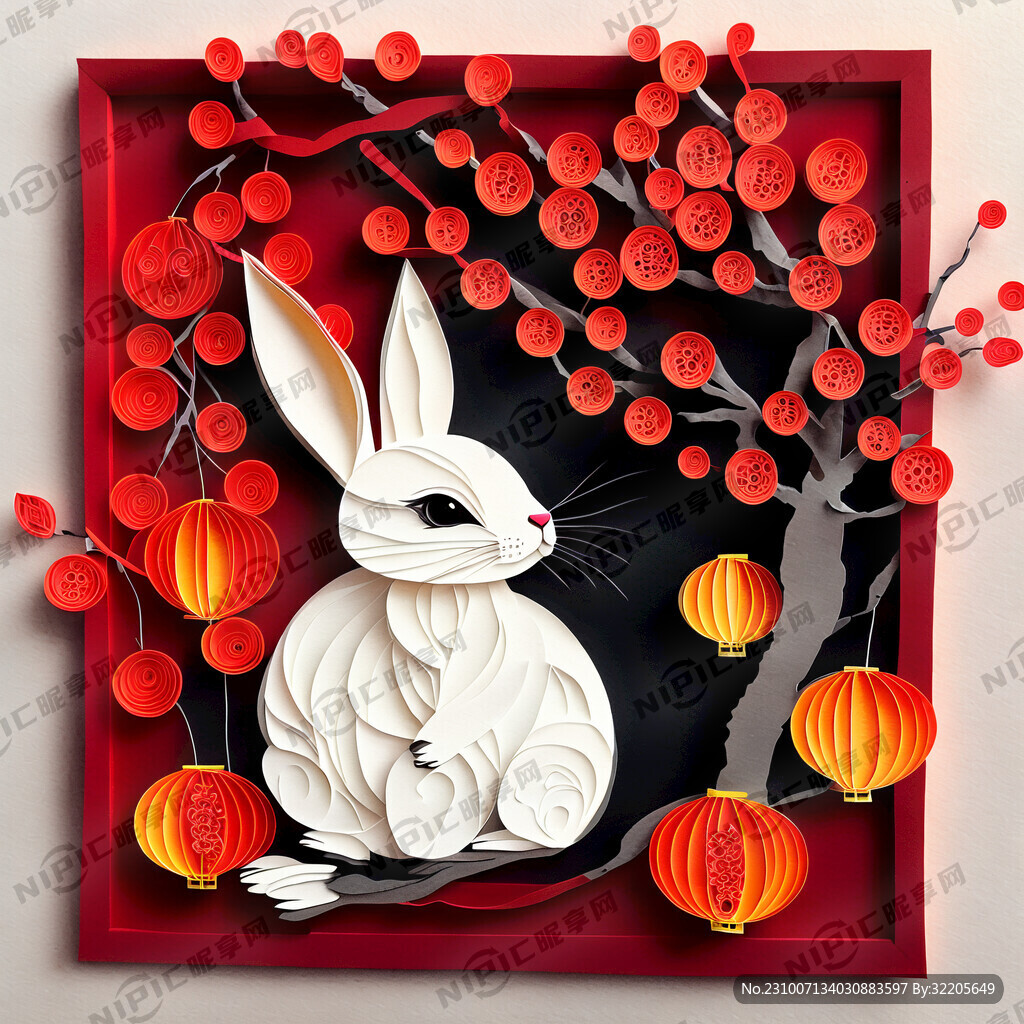 衍纸艺术 春节 可爱兔子 红梅