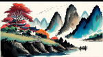 千里江山图，手绘，卡通，宫崎骏，清新，鲜艳