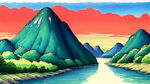 千里江山，山水，手绘，卡通，宫崎骏，清新，鲜艳