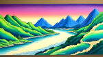 千里江山，山水，手绘，卡通，宫崎骏，清新，鲜艳，宏观