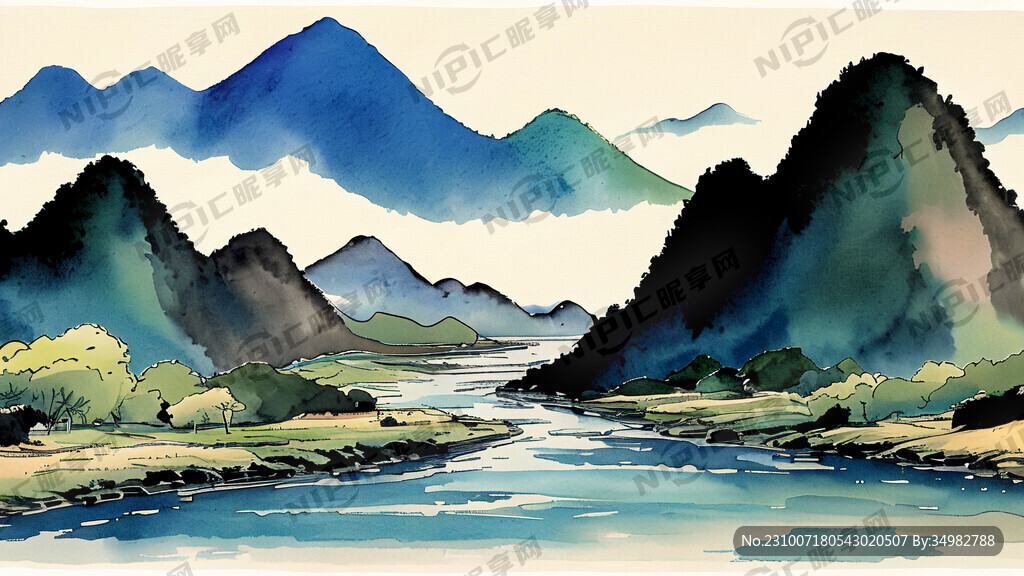 千里江山图 山水 手绘 卡通
