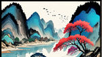 千里江山图，山水，手绘，卡通，宫崎骏，清新，鲜艳，宏观