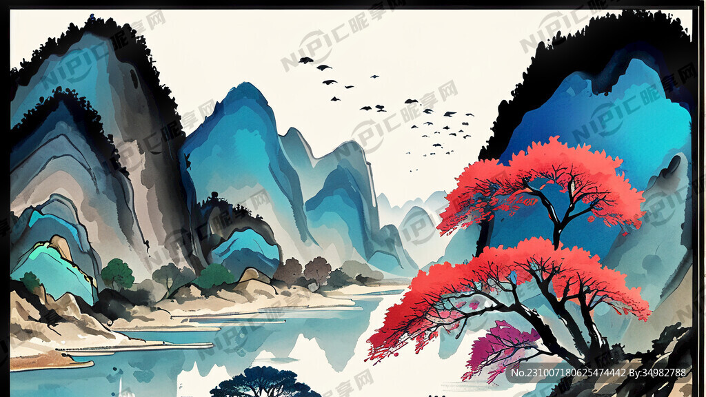千里江山图 山水 手绘 卡通