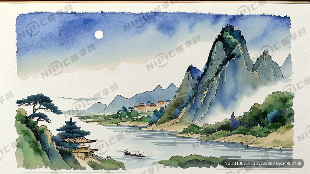 千里江山图 山水 手绘 卡通