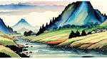 千里江山图，山水，手绘，卡通，宫崎骏，清新，鲜艳，宏观