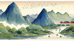 千里江山图，手绘，卡通，宫崎骏，清新，鲜艳，宏观