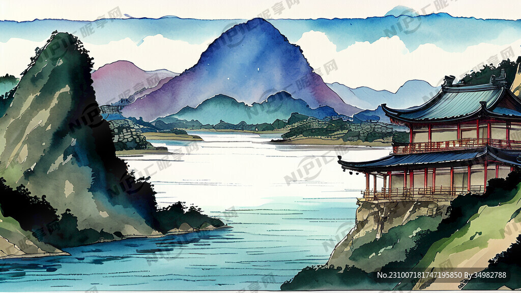 千里江山图 长江 手绘 卡通