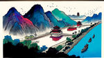 千里江山图，长江，手绘，卡通，宫崎骏，清新，鲜艳，宏观