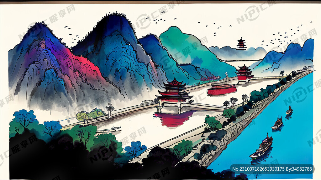 千里江山图 长江 手绘 卡通