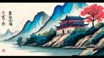 千里江山图，长江，手绘，卡通，宫崎骏，清新，鲜艳，宏观