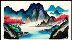 千里江山图，江山，手绘，卡通，宫崎骏，清新，鲜艳，宏观