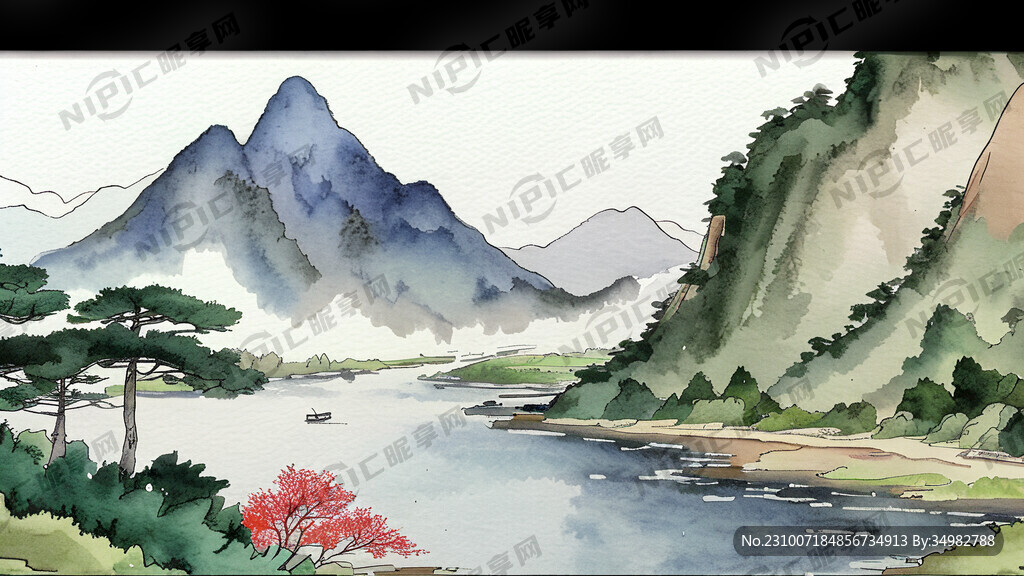 千里江山图 山水 手绘 卡通
