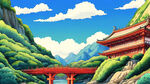 山水，古建，大江，手绘，卡通，宫崎骏，清新，鲜艳，宏观
