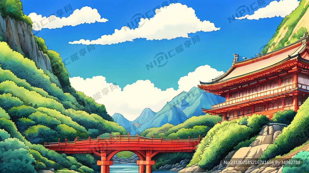 山水 古建 大江 手绘 卡通