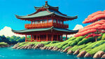 山水，古建，大江，手绘，卡通，宫崎骏，清新，鲜艳，宏观