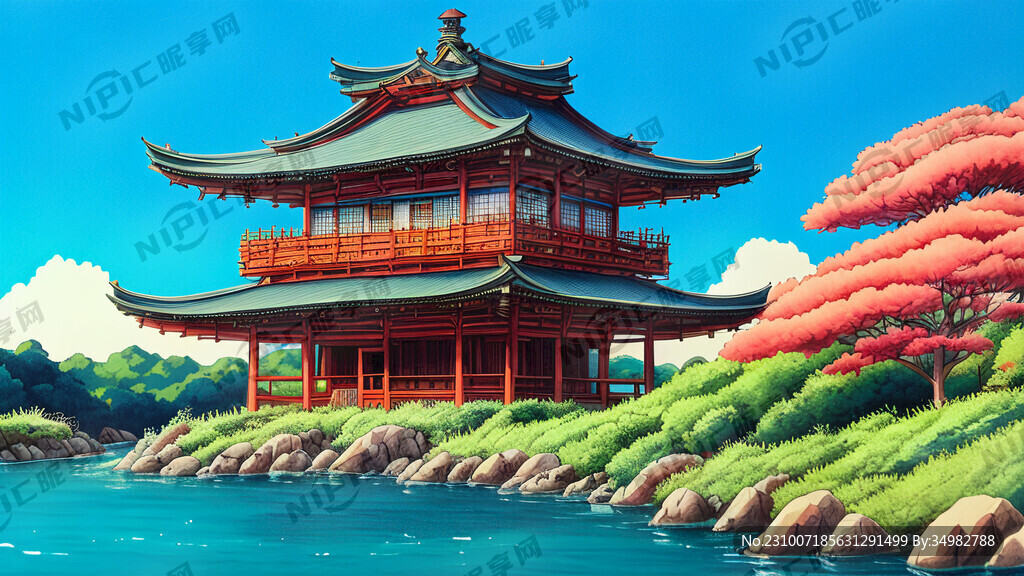 山水 古建 大江 手绘 卡通